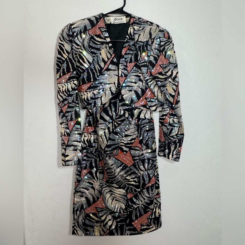 Dore Sequin Abstract Zebra-Print Mini Dress in Black & Rose